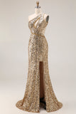 Vestido largo de graduación largo de sirena dorado con corte de un solo hombro y abertura