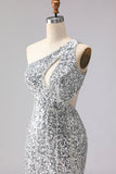 Vestido largo de graduación de sirena con recorte de un hombro y recorte plateado brillante con abertura