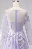Vestido largo de tul con plique de línea Lila A y manga larga