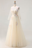 Vestido largo de tul con plique de línea Lila A y manga larga