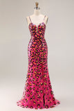 Vestido largo de fiesta con tirantes de espagueti y lentejuelas de leopardo fucsia con abertura