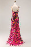 Vestido largo de fiesta con tirantes de espagueti y lentejuelas de leopardo fucsia con abertura