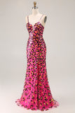 Vestido largo de fiesta con tirantes de espagueti y lentejuelas de leopardo fucsia con abertura