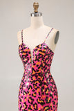 Vestido largo de fiesta con tirantes de espagueti y lentejuelas de leopardo fucsia con abertura