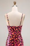 Vestido largo de fiesta con tirantes de espagueti y lentejuelas de leopardo fucsia con abertura