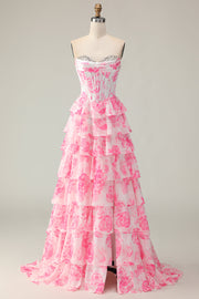 Vestido largo de fiesta con corsé en capas de lentejuelas y lentejuelas de la línea A de flores rosas blancas con abertura