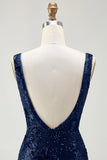 Vestido largo de fiesta con cuello en V y lentejuelas de sirena azul marino brillante con abertura