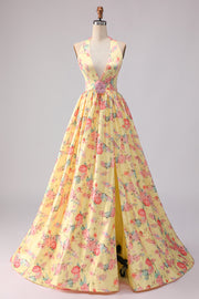 Vestido de graduación largo de fin, largo de espalda abierta y largo de fin, amarillo rosa y floral profundo