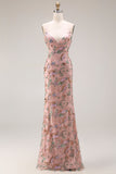 Vestido largo de graduación con cuentas y lentejuelas florales con tirantes finos