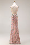 Vestido largo de graduación con cuentas y lentejuelas florales con tirantes finos