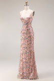 Vestido largo de graduación con cuentas y lentejuelas florales con tirantes finos