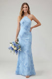 Vestido largo de graduación sin espalda sin espalda de sirena azul claro con bordado floral