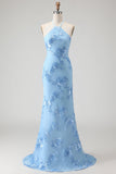 Vestido largo de graduación sin espalda sin espalda de sirena azul claro con bordado floral