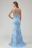 Vestido largo de graduación sin espalda sin espalda de sirena azul claro con bordado floral