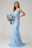 Vestido largo de graduación sin espalda sin espalda de sirena azul claro con bordado floral