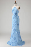 Vestido largo de graduación sin espalda sin espalda de sirena azul claro con bordado floral