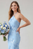 Vestido largo de graduación sin espalda sin espalda de sirena azul claro con bordado floral