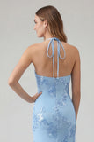Vestido largo de graduación sin espalda sin espalda de sirena azul claro con bordado floral