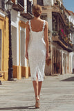 Vestido de novia midi de encaje con tirantes finos de corsé marfil