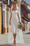 Vestido de novia midi de encaje con tirantes finos de corsé marfil