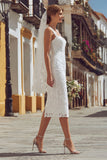 Vestido de novia midi de encaje con tirantes finos de corsé marfil