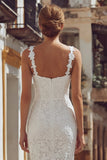 Vestido de novia midi de encaje con tirantes finos de corsé marfil