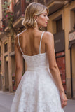 Vestido de recepción de boda de encaje blanco con tirantes finos en línea A