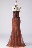 Vestido largo de graduación marrón sirena con encaje