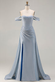 Corsé sirena brillante con hombros descubiertos Vestido largo largo de satén azul polvoriento con abertura