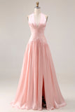 Vestido largo de graduación plisado con pliegues y corte rosa Tope A con abertura