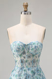Vestido largo de graduación largo descapotable azul floral con cuentas y corte