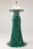 Corsé de sirena verde oscuro con lentejuelas, vestido largo de graduación con cuentas