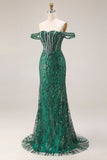 Corsé de sirena verde oscuro con lentejuelas, vestido largo de graduación con cuentas