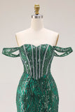Corsé de sirena verde oscuro con lentejuelas, vestido largo de graduación con cuentas