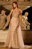 Vestido largo de graduación con corsé sirena de champán brillante y cuentas y lentejuelas