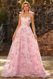 Vestido largo de graduación rosa brillante con lentejuelas florales y lentejuelas