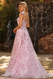 Vestido largo de graduación rosa brillante con lentejuelas florales y lentejuelas