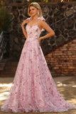 Vestido largo de graduación rosa brillante con lentejuelas florales y lentejuelas