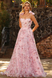 Vestido largo de graduación rosa brillante con lentejuelas florales y lentejuelas