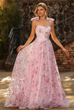 Vestido largo de graduación rosa brillante con lentejuelas florales y lentejuelas