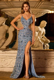 Vestido largo de graduación con corte azul polvoriento con cuentas y corte de sirena