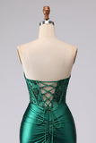 Corsé sin tirantes de sirena verde oscuro, encaje de lentejuelas recogidas y vestido de graduación con abertura