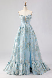 Corsé azul claro sin tirantes Jacquard Long Prom con abertura