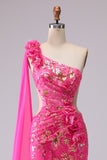 Corsé de sirena fucsia con un solo hombro y vestido largo de baile con abertura