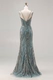 Vestido largo largo de baile de sirena gris verde verde con cuentas y lentejuelas
