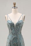 Vestido largo largo de baile de sirena gris verde verde con cuentas y lentejuelas