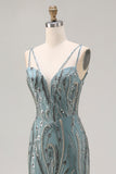 Vestido largo largo de baile de sirena gris verde verde con cuentas y lentejuelas