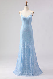 Vestido largo de baile de graduación con tirantes de sirena azul celeste con tirantes finos