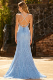 Vestido largo de baile de graduación con tirantes de sirena azul celeste con tirantes finos
