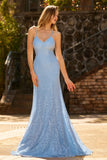 Vestido largo de baile de graduación con encaje de sirena azul celeste y lentejuelas